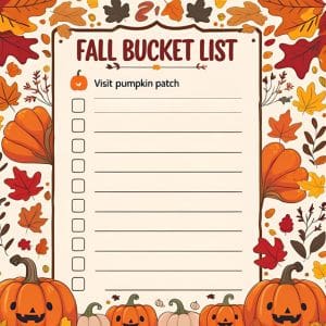 Colorful autumn bucket list for kids with pumpkins, leaves, and fun fall activities