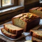 Golden loaf of banana zucchini bread sliced on a rustic wooden board