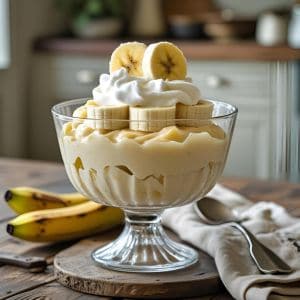 Close-up of creamy banana pudding topped with banana slices and vanilla wafers in a white bowl
