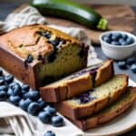 Slice of moist blueberry zucchini bread with fresh blueberries on top