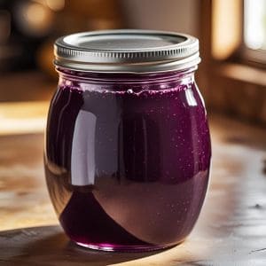 Clear glass jars filled with homemade blueberry jelly sealed and ready for storage