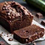 Slice of moist double chocolate zucchini bread with chocolate chips