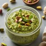 Creamy pistachio pesto in a bowl with fresh basil and parmesan cheese