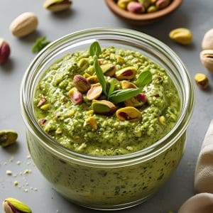 Creamy pistachio pesto in a bowl with fresh basil and parmesan cheese