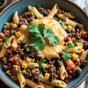 Colorful enchilada pasta with black beans, corn, and melted cheese