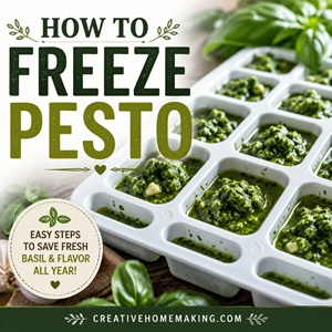 Freezing pesto in ice cube trays is one of the easiest ways to preserve fresh basil. Portion out homemade pesto into convenient cubes that are perfect for pasta, pizza, soups, marinades, and more. A must-try food preservation tip for gardeners and home cooks!