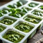 Jar of homemade pesto frozen in ice cube trays