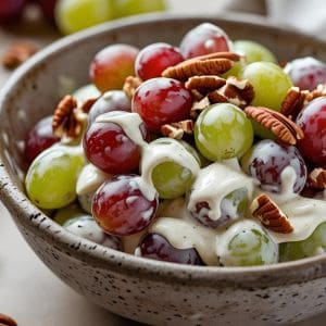 Close-up of creamy grape salad with brown sugar and pecans on top