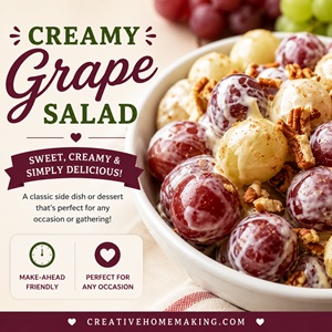 This creamy grape salad is the perfect make-ahead side dish or dessert for summer gatherings. Made with juicy grapes, cream cheese, sour cream, and crunchy pecans, it's always a crowd favorite. If you love easy summer salads, be sure to check out my Waldorf Salad, Ambrosia Salad, Summer Fruit Salad, and Broccoli Salad recipes too. Perfect for picnics, potlucks, barbecues, and holiday meals.