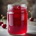 Clear glass jars filled with homemade cherry jelly sealed and ready for storage