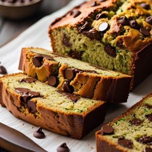 Slice of moist chocolate chip zucchini bread with chocolate chips and fresh zucchini