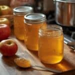 Apple jelly jars on a rustic table with a basket of apples