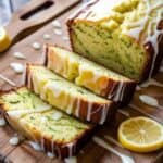 Slice of moist lemon zucchini bread with lemon zest and grated zucchini