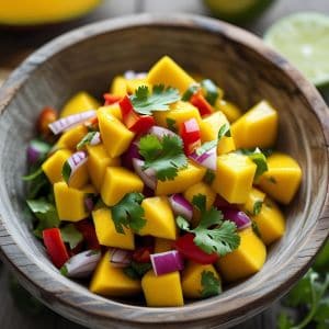 Fresh mango salsa in a bowl with diced mango, red bell pepper, and cilantro