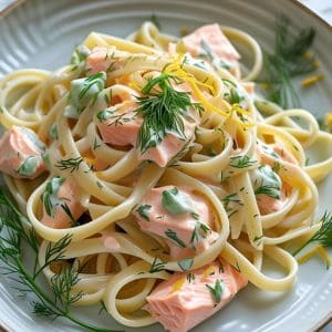 One-pan creamy lemon dill salmon pasta cooked with garlic and fresh herbs