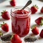 Canning jars filled with fresh strawberry chia jam cooling on a kitchen counter