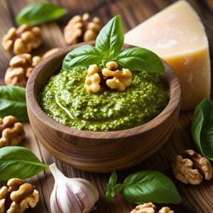 Bowl of fresh walnut pesto with basil and Parmesan cheese