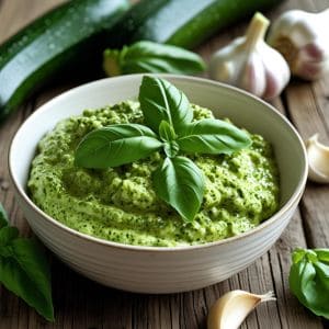 Creamy zucchini pesto served in a bowl with fresh basil and pine nuts
