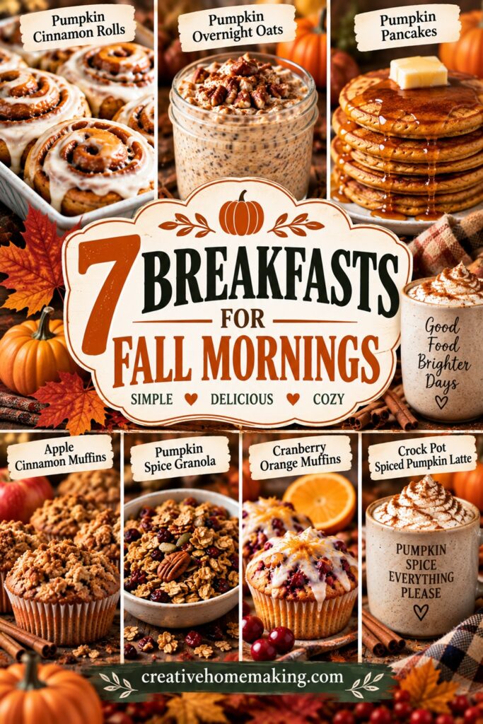 Bring all the fall vibes to your kitchen with these cozy breakfast recipes! This collection includes Pumpkin Cinnamon Rolls, Pumpkin Overnight Oats, Pumpkin Pancakes, Apple Cinnamon Muffins, Pumpkin Spice Granola, Cranberry Orange Muffins, and Crock Pot Spiced Pumpkin Latte. Perfect for slow fall mornings, weekend breakfasts, and cozy family time.