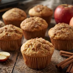 Freshly baked apple cinnamon muffins on a rustic wooden table