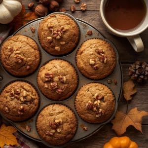 Fresh banana walnut muffins on a rustic wooden table with autumn leaves