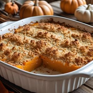 Baked butternut squash casserole with golden breadcrumb topping