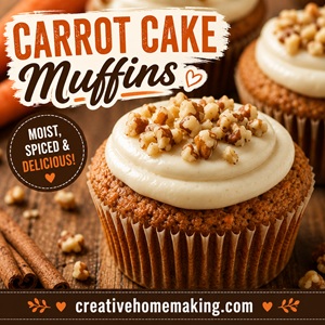 Soft, warmly spiced carrot cake muffins topped with a generous swirl of cream cheese frosting and crunchy nuts. This easy baking recipe is perfect for breakfast, coffee time, or whenever you're craving carrot cake.