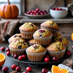 Freshly baked cranberry orange muffins on a rustic wooden table