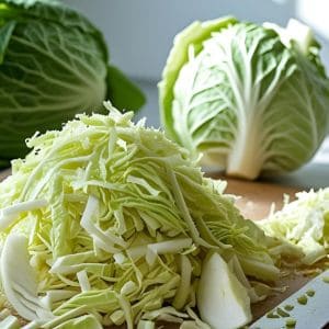 Fresh cabbage being prepared for freezing in a kitchen