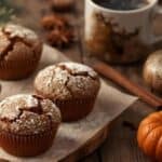 Fresh gingerbread muffins with powdered sugar on a rustic table