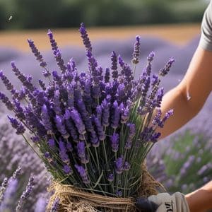 Harvesting fresh lavender bundles