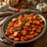 Holiday honey glazed carrots in a serving bowl with festive décor in the background