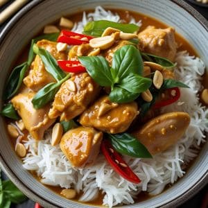 Plate of juicy chicken breasts with herbs and roasted veggies.