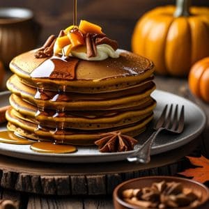 Table with fall breakfast foods including muffins and pancakes