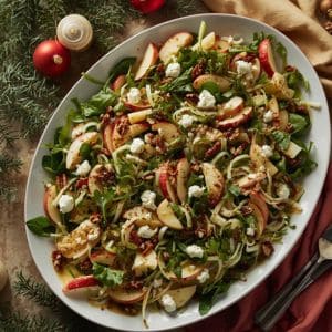 Plate of apple and fennel salad with arugula and pomegranate seeds