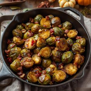 Roasted Brussels sprouts drizzled with maple glaze on a serving platter