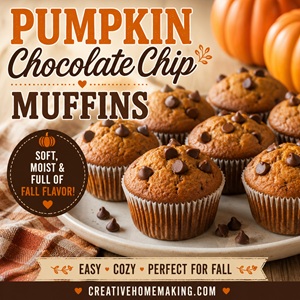These soft, moist Pumpkin Chocolate Chip Muffins are packed with warm spices and plenty of chocolate chips. They're perfect for cozy fall recipes, weekend baking, and anyone who loves from scratch living and homemade pumpkin treats.