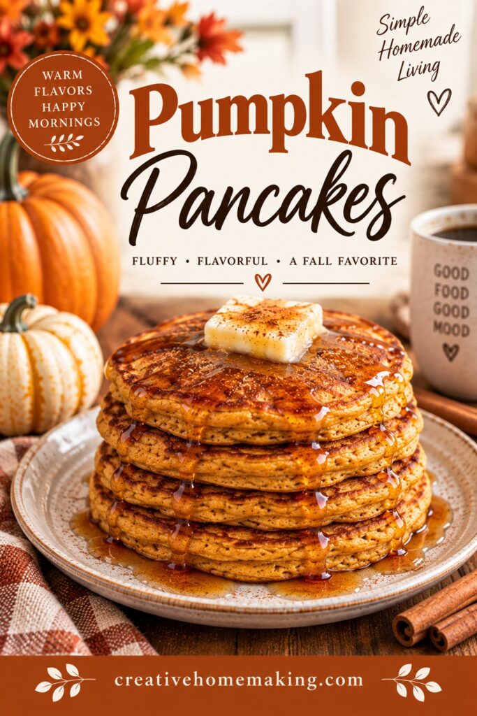 Nothing says fall like pumpkin pancakes topped with butter and maple syrup! This easy fall recipe makes a cozy breakfast the whole family will enjoy. Perfect for homemade breakfasts, crisp autumn mornings, and fall baking season.