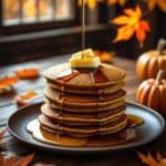 Stack of fluffy pumpkin pancakes topped with maple syrup and cinnamon