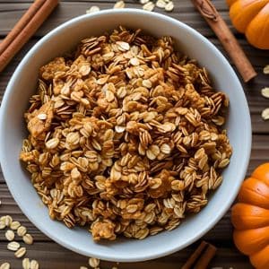 Homemade pumpkin spice granola with oats, nuts, and pumpkin seeds in a fall kitchen setting