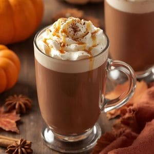 Mug of pumpkin spice hot chocolate topped with whipped cream