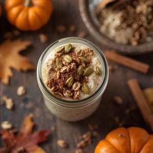 Overnight oats with pumpkin puree in a mason jar