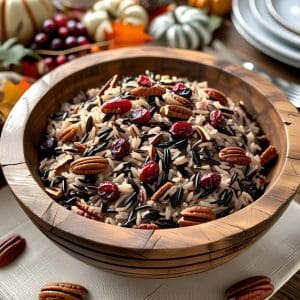 Bowl of wild rice pilaf with cranberries and pecans