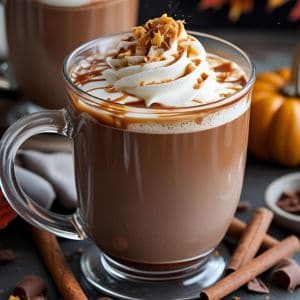 Fall-inspired salted caramel hot chocolate with autumn leaves in the background