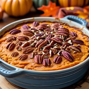 Homemade sweet potato casserole topped with pecans for Thanksgiving dinner