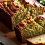 Slice of moist zucchini bread with a golden crust on a wooden board