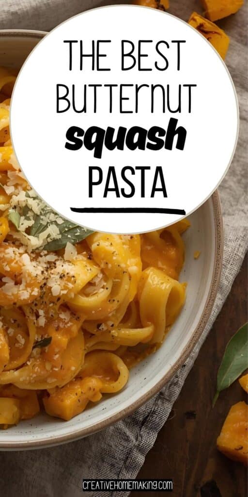 Steaming bowl of winter butternut squash pasta with crispy sage and cheese.