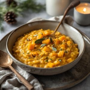 Creamy butternut squash risotto in a bowl with herbs and a rustic fall table setting.