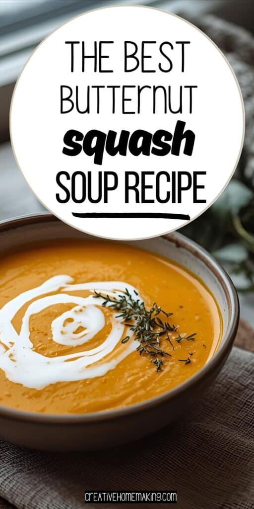 Steaming soup with coconut milk drizzle, thyme, and crusty bread on a winter-themed table.