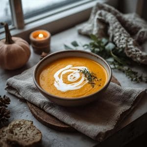 Warm soup in a rustic bowl with steam rising, surrounded by pinecones and a knit scarf.